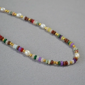 Collana Bohemien di Perline in Pietra Naturale Multicolore Con Perla d'Acqua Dolce Bracciale Collana Regolabile Fatto a Mano Donna