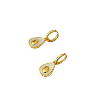 Gold pear-shaped drop earrings with white shell inlay and heart accent on white background