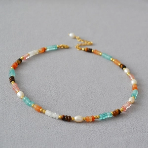 Minimalist freshwater pearl necklace with mixed natural gemstones and gold lobster clasp