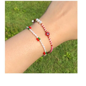 French pastoral sweet cherry freshwater pearl adjustable bracelet set on wrist