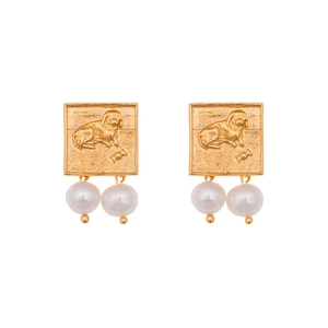 Boucles d'Oreilles Rétro en Laiton Carré Relief pour Femmes Avec Perle d'Eau Douce Tige en Argent Sterling 925