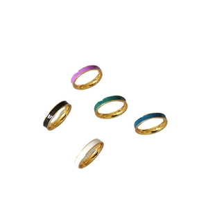 Set of 5 minimalist gold plated brass rings with colorful enamel dripped glaze for women