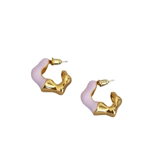Gold-plated brass wavy C-shape earrings with light purple enamel finish on white background