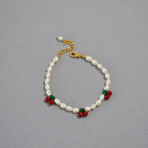 Freshwater Rice Artificial Pearl Bracelet With Cute Red Cherry Beads French Style Pastoral Sweet Adjustable Jewelry For Women