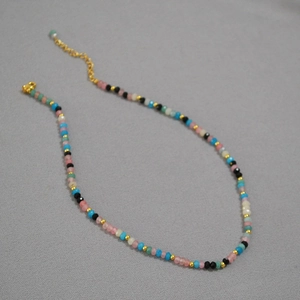 Colorful Bohemian beaded necklace with small stone beads and golden adjustable chain