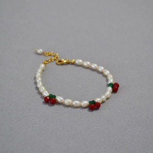 French style pearl bracelet with sweet red cherry charms and adjustable gold clasp