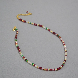 Bohemian colorful stone beaded choker necklace with adjustable gold-plated clasp and chain