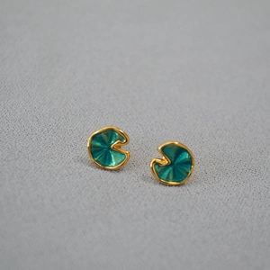 Vintage Green Enamel Lotus Leaf Stud Earrings With 925 Sterling Silver Earring Post Gold Plated Botanical Jewelry Women