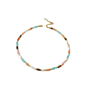 Minimalist pearl necklace with colorful tiger eye stones and gold lobster clasp