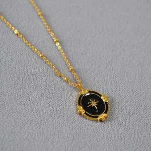 French Vintage Gold Plated Copper Alloy Enamel North Star Polaris Oval Pendant Necklace For Women Minimalist Jewelry