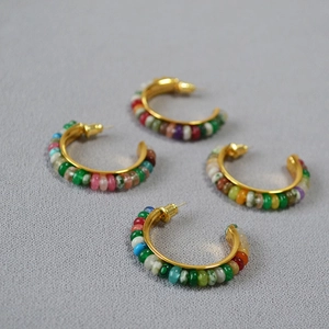 Colorful gemstone beaded C-shaped hoop earrings with gold finish and S925 silver pins