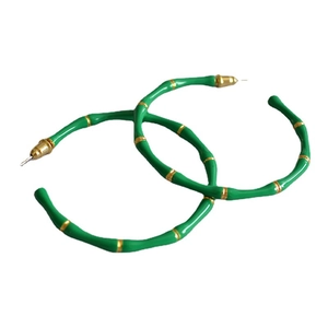 Fashionable green enamel bamboo hoop earrings with gold accents and 925 silver needles