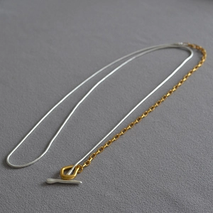 Close-up of two-tone long necklace with silver snake chain and gold oval links