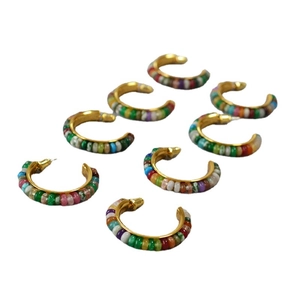 Bohemian style C-shaped colorful gemstone beaded hoop earrings in minimalist silver