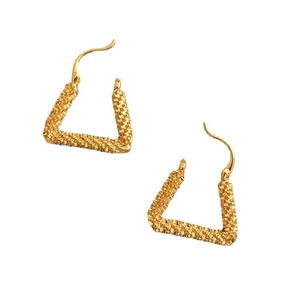 Minimalist gold triangle earrings with a textured sparkling finish and hook design