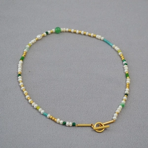 Minimalist freshwater pearl necklace with colorful beads and golden OT buckle clasp