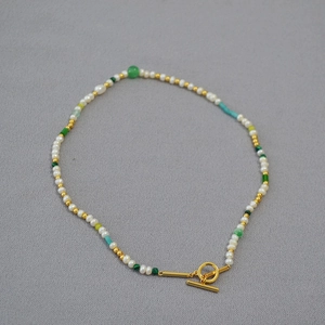 Handmade freshwater pearl necklace with multi-color beads and golden OT toggle clasp