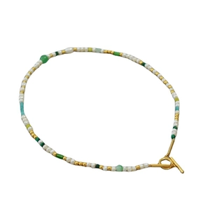 Minimalist freshwater pearl necklace with green beads and gold OT toggle clasp