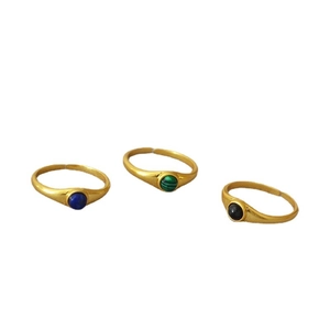 Three-piece set of gold-plated adjustable rings with malachite and lapis gemstones