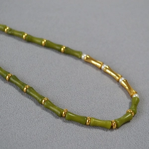 Olive green jade bamboo bead necklace with gold accents and small white pearls