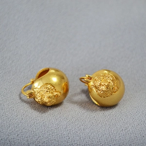 Vintage 3D lion head engraved golden brass sphere drop earrings for women