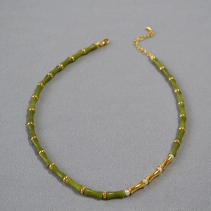 Bamboo Style Natural Stone Necklace For Women Gold Plated Brass Beaded Choker With Artificial Pearl Retro Chinese Fashion Jewelry