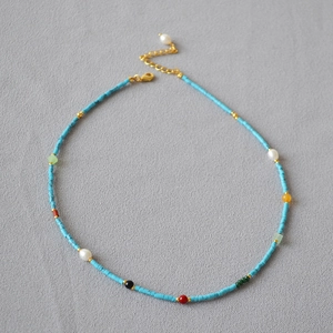 French Vintage Palace Style Turquoise Agate Beaded Necklace With Freshwater Pearl Handmade Retro Jewelry Gift For Women