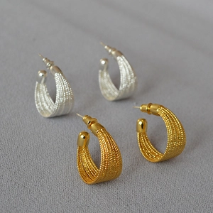 Ins Style Textured Brass C-Hoop Earrings With 925 Sterling Silver Post Gold Silver Plated Geometric Ear Jewelry For Women
