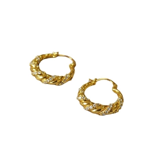 Golden twisted rope hoop earrings with sparkling micro-pave cubic zirconia accents