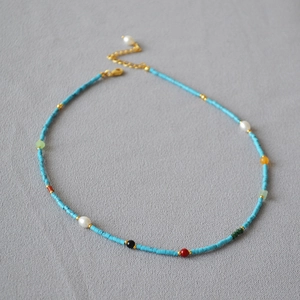 Vintage French beaded turquoise necklace with pearls and colorful gemstone accents