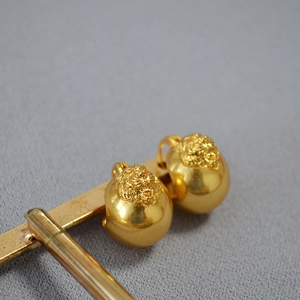 Macro shot of vintage brass gold earrings featuring 3D lion head relief on round studs