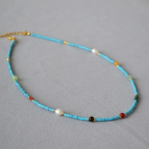 French vintage necklace with thin turquoise beads, pearls and multi-colored gemstones