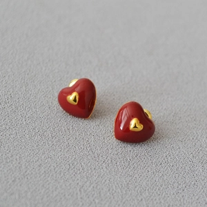 Minimalist red enamel heart stud earrings with gold plating and 925 silver needles