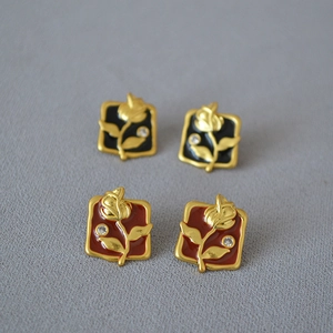 French Vintage Brass Plated Gold Square Rose Enamel Stud Earrings With 925 Sterling Silver Post Rhinestone Jewelry For Women