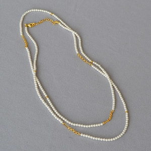 French Vintage Long Artificial Pearl Necklace For Women Double Layer Gold Plated Brass Chain Sweater Jewelry Elegant