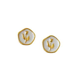 Boucles d'oreilles tulipes vintage en laiton doré et émail blanc avec tiges en argent 925