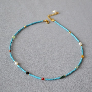 French vintage necklace with turquoise beads, freshwater pearls and gold accents