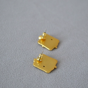 Vintage brass gold-plated rose enamel stud earrings with 925 silver pins shown at 45-degree angle