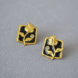 Vintage gold plated rose flower enamel square studs earrings with sparkling crystal