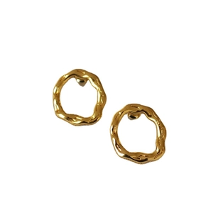 Minimalist gold plated brass irregular hoop earrings with textured ripple finish