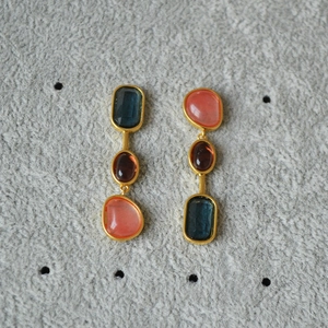 Vintage Niche Brass Gold Plated Geometric Dangle Stud Earrings With 925 Sterling Silver Post Colorful Glass Stone Retro Jewelry Women