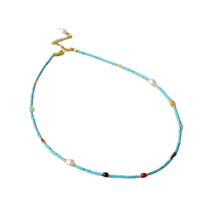 French vintage style thin turquoise beaded necklace with colorful pearls and S-shaped clasp