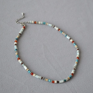 Retro multi-color beaded double-layer necklace with turquoise and silver accents