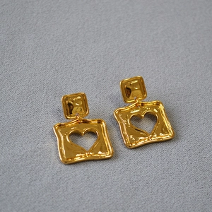 Vintage Geometric Square Drop Earrings With Hollow Heart Design Brass 18K Gold Plated 925 Sterling Silver Earring Post