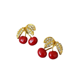 Vintage gold plated cherry stud earrings with red enamel and sparkling zircons for women