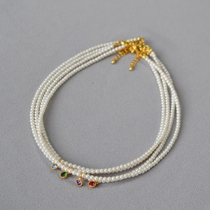French Elegant Imitation Artificial Pearl Necklace With Round Colored Zircon Pendant Brass Gold Plated Delicate Clavicle Chain For Women