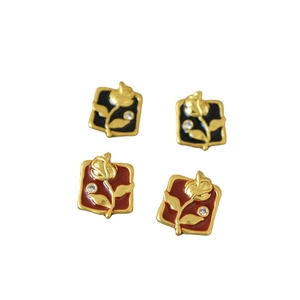 Vintage brass gold-plated square enamel earrings featuring rose relief and small rhinestone