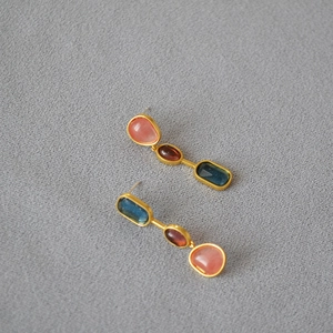 Detailed view of 925 silver stud earrings with vintage red stone and crystal pendants