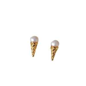 Exquisite 925 silver needle ice cream cone earrings with round freshwater pearls