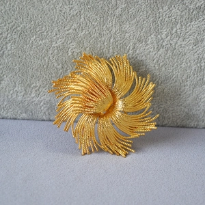 Macro detail of vintage gold twist brooch with radiant spiral sunburst texture